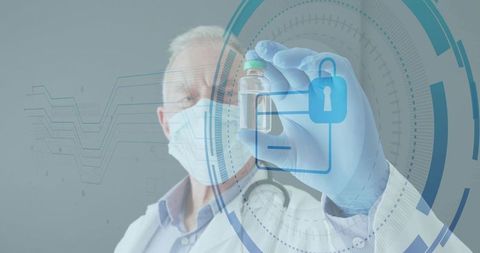 Senior Doctor Displaying Vaccine Vial with Digital Security Interface