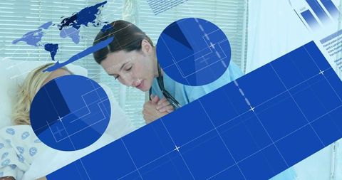 Nurse holding patient hand in hospital ward with medical data graphics and map overlay