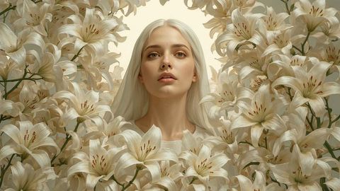 Serene Woman with Long Platinum Hair Surrounded by White Lilies