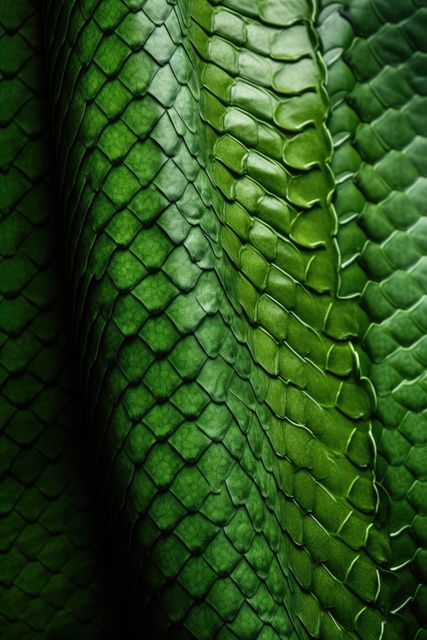 Close up of green shiny scales in folds of snakeskin. Nature, leather, skin, texture and design concept digitally generated image.