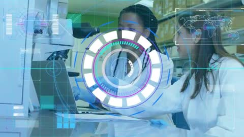 Scientists Reviewing Data on Laptop with Holographic Analysis Interface