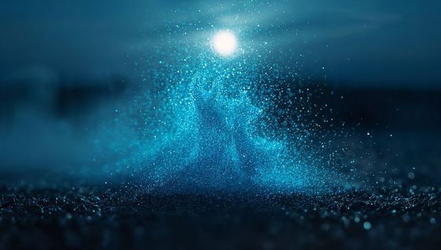 Cosmic swirl of turquoise particles in futuristic landscape