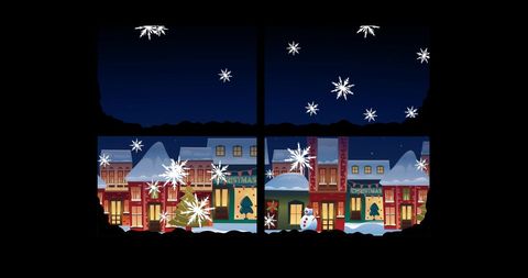 Snow Falling Over Charming Christmas Village Through Window