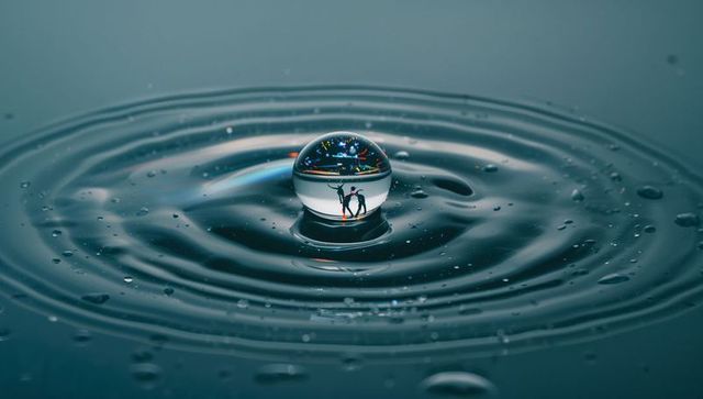Macro droplet with dancing silhouettes creating concentric ripples and vivid reflections