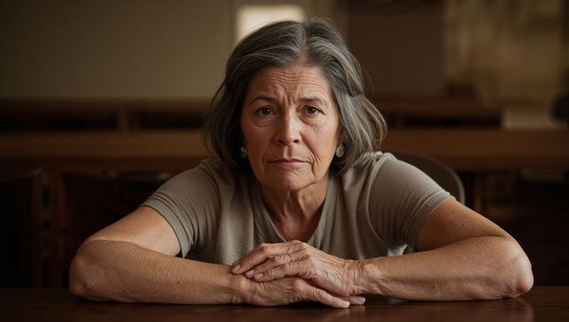 Pensive senior woman leaning on table in quiet meeting hall portrait