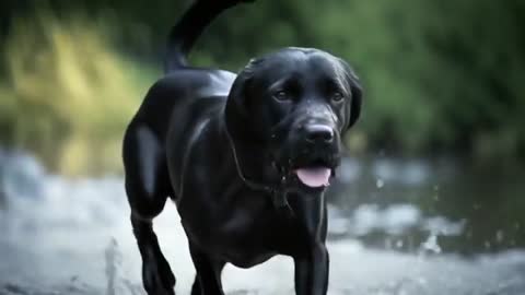 Shiny Black Labrador Retriever Splashing through Creek