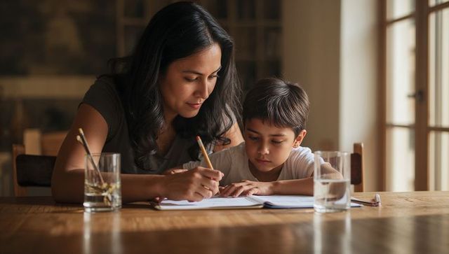 Mother guiding son through writing homework at wood dining table focused family learning