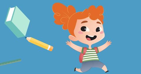 Happy schoolgirl and school supplies in flat style