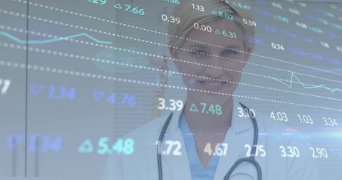 Healthcare analysis: female doctor with financial data overlay