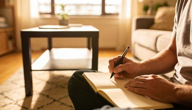 Man writing in notebook in sunlit living room, cozy journaling lifestyle and mindful morning
