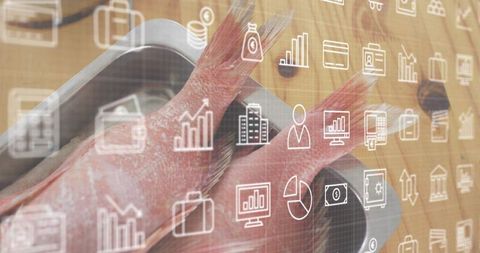 Red fish tail-up in stainless tray with financial icons overlay seafood market data