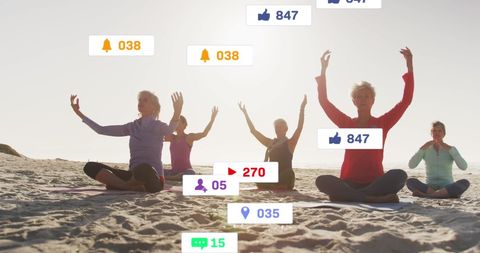 Women Practicing Beach Yoga with Social Media Pop-Ups - Download Free Stock Images Pikwizard.com