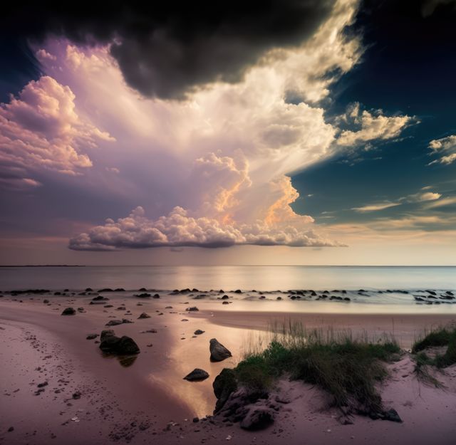 Dramatic coastal sunset showcasing dark storm clouds over serene beach, with tranquil sea and golden light illuminating the sky. Great for travel blogs, nature photography, weather phenomenon studies, and scenic posters offering tranquil, reflective moments.