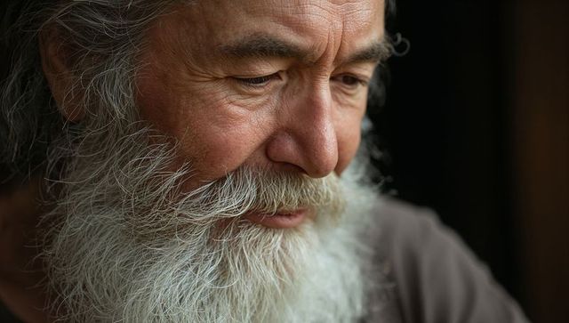 Gazing senior man with white beard and deep wrinkles, contemplative close-up portrait
