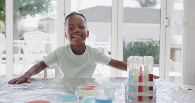 Young boy is enthusiastically conducting a science experiment at home, sitting at a table with colorful test tubes and beakers in front of him. He looks confident and happy, reflecting the joy of learning and discovery. Ideal for use in educational content, science project themes, promoting STEM learning for kids, and school activities.