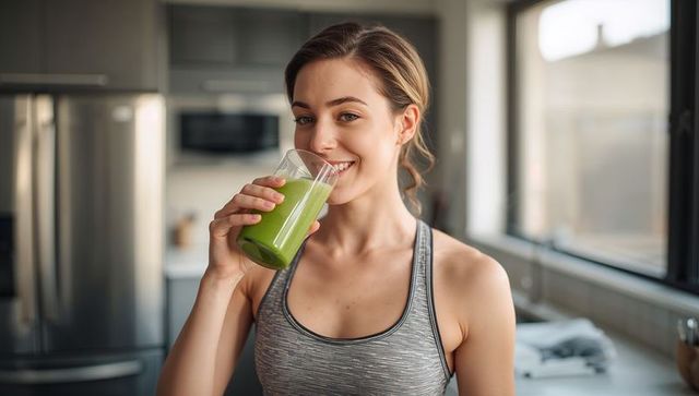 Smiling woman drinking green smoothie in modern kitchen wearing grey workout tank top