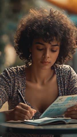 Vertical video: Young woman reading brochure and writing in notebook at cafe