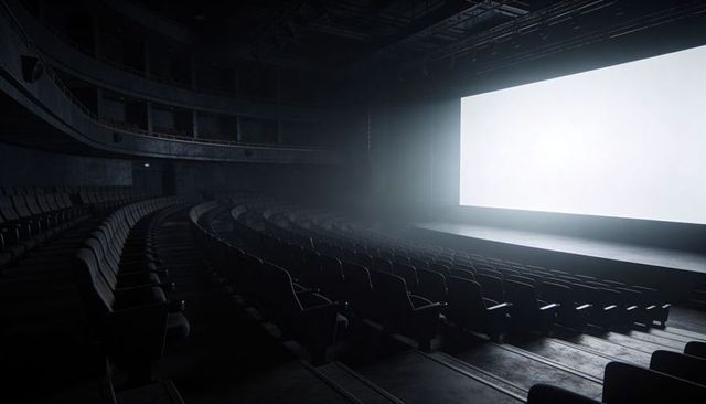 Empty auditorium with glowing blank screen casting light across curved rows and balcony