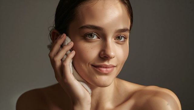 Closeup woman holding textured towel to cheek showing natural skincare glow
