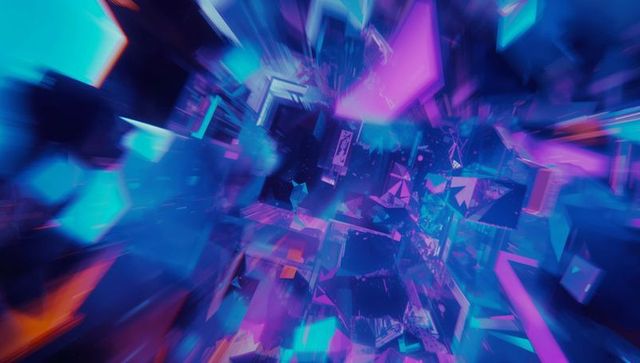 Dynamic Neon Shapes Flowing Through Futuristic Data Tunnel