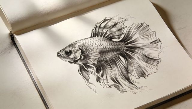 Detailed graphite betta sketch in open sketchbook with flowing fins and dramatic lighting