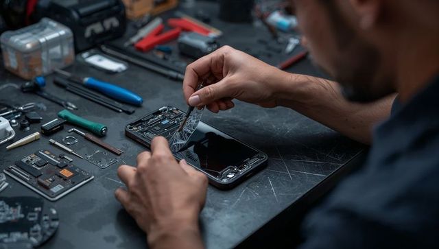 Technician removing cracked smartphone display with tweezers on cluttered repair workbench