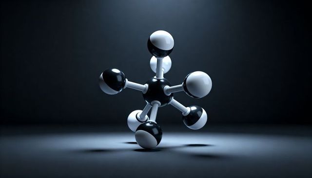 Glossy black-and-white molecular model with six bicolor spheres under dramatic spotlight