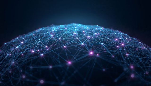 Neon network sphere glowing with interconnected cyan and magenta nodes, digital mesh