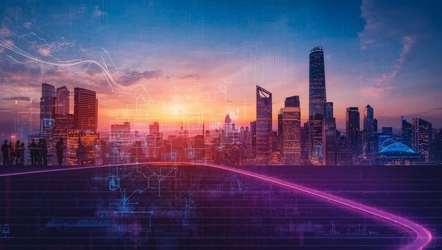 Executives Observing Futuristic Data Analysis on Cityscape Terrace