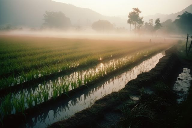 General view of rice fields with fog, created using generative ai technology. Rice fields, farming and nature concept digitally generated image.