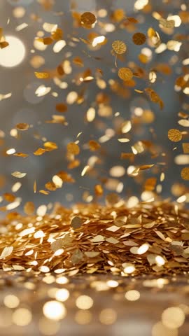 Showering Golden Confetti Falling and Piling on Reflective Table Vertical Loop