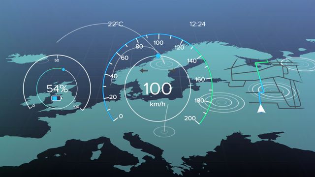 Features animated global map with interconnected links and dynamic digital speedometers. Ideal for illustrating concepts of global technology, networking, digital synchronization, and data exchange in tech presentations or educational materials.