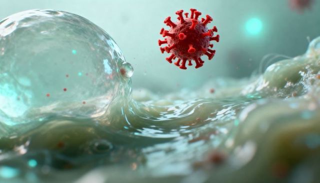 Red coronavirus particle hovering above mucus-like biofilm with vesicle and teal bokeh