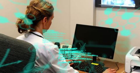 Scientist Analyzing Digital Data on Computer with Virtual Graphics - Download Free Stock Images Pikwizard.com