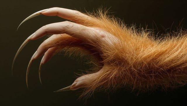 Rusty orange furred beast forelimb with long curved talons closeup texture study