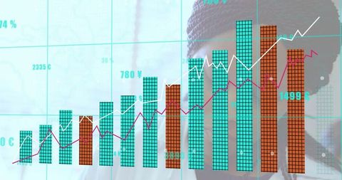 Displaying financial growth with teal and orange bar charts on corporate dashboard