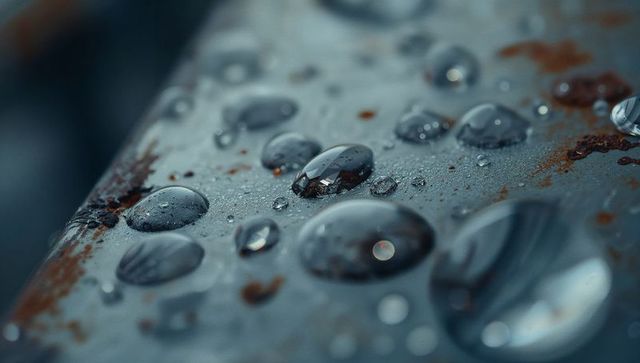 Macro of Water Droplets on Corroded Metal Surface Revealing Rust Details