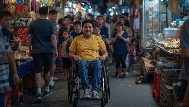 Man in yellow shirt navigating wheelchair through busy lantern-lit night market crowd