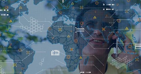 Senior man talking on smartphone with digital world map overlay, global connectivity