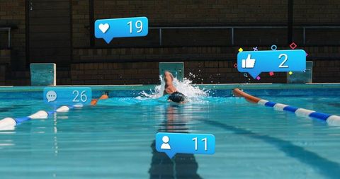 Adult swimmer performing backstroke in lap pool with social media notifications overlay