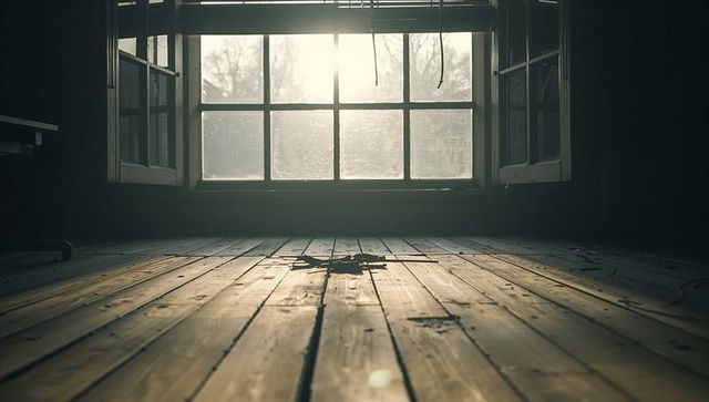 Sunlit Attic Interior with Multi-Pane Window Casting Long Shadows across Worn Wooden Floor