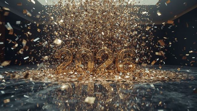 Golden 2026 numerals celebrating with falling confetti on reflective marble studio floor