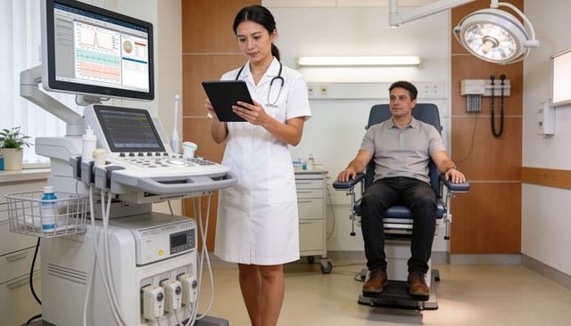 Female clinician reviewing tablet next to ultrasound system while male patient sits calmly
