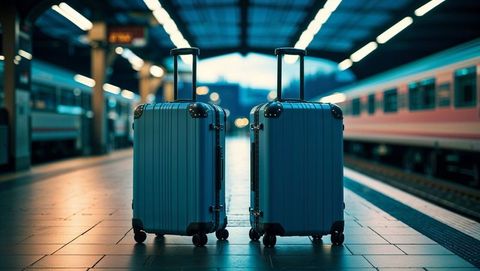 Lovers teal suitcases on train platform: modern travel and mobility
