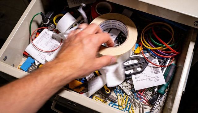 Hand reaching for masking tape in cluttered drawer of office supplies, motion blur