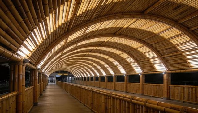 Glowing bamboo arched walkway at night with repeating timber ribs and warm linear lighting