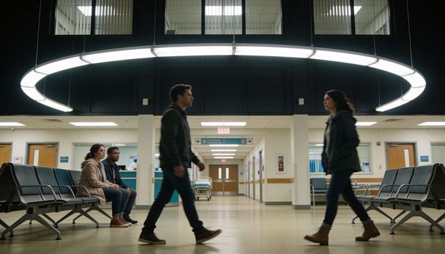Two adults walking past each other in hospital corridor under circular fluorescent light