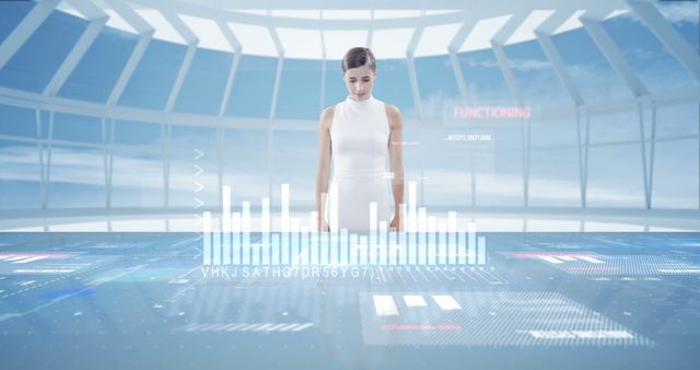 Woman wearing white dress and standing in futuristic sci-fi environment, interacting with transparent holographic interface, perfect for technology, innovation, and future concept designs in advertising, websites, presentations.