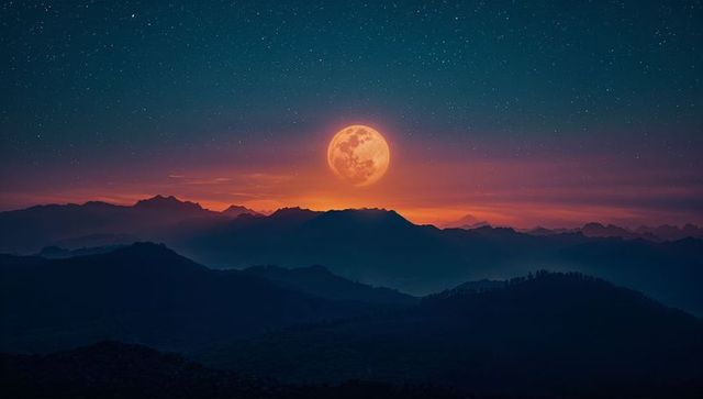 Majestic Full Moon Above Layered Mountain Ridges in Starlit Twilight