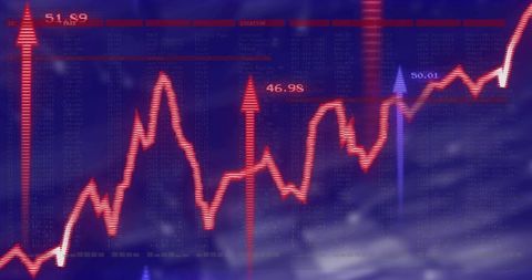Neon Red Stock Market Line Chart Showing Upward Trend With Data Overlay and Arrows